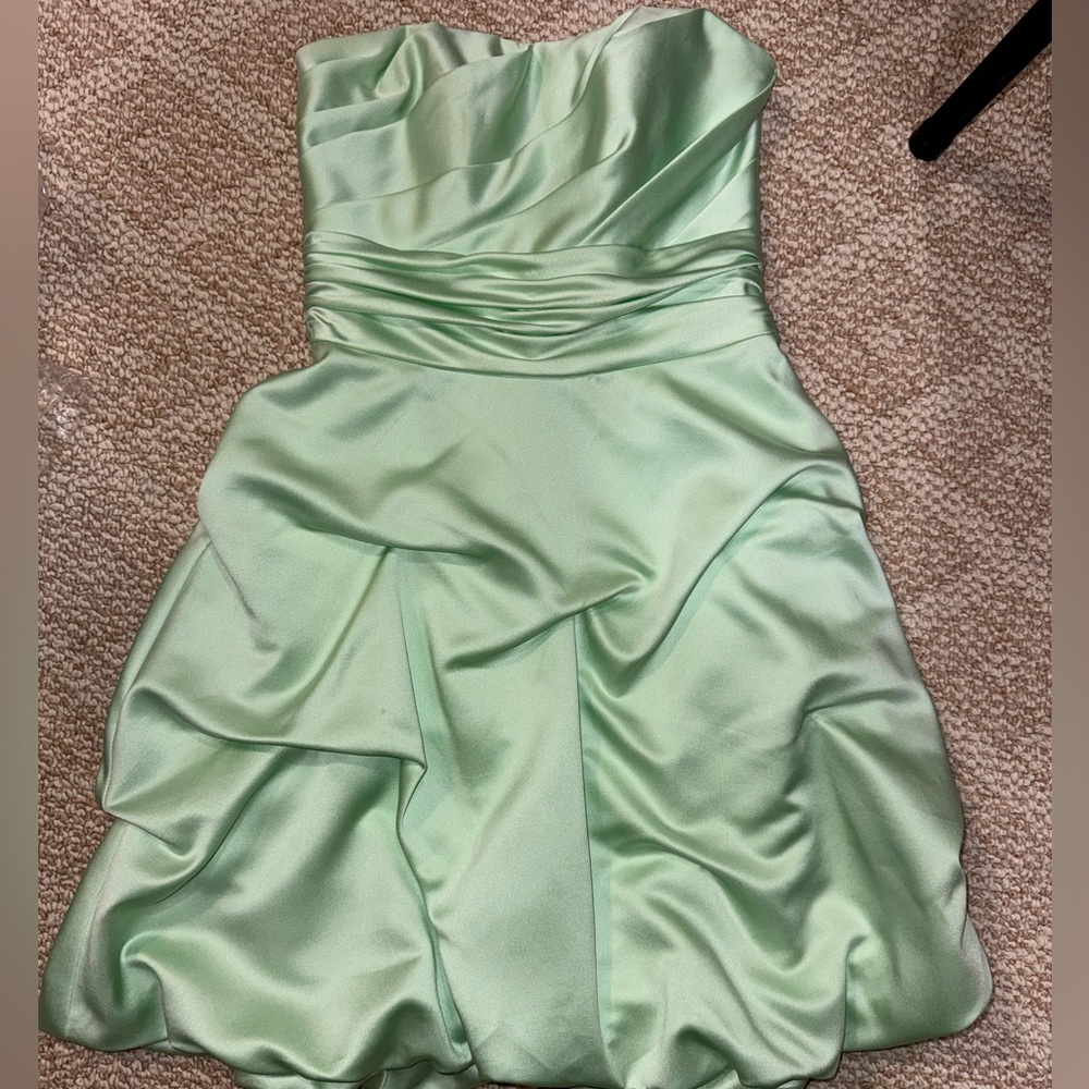 David's Bridal Spring Green Bubble Hem Strapless Satin Dress